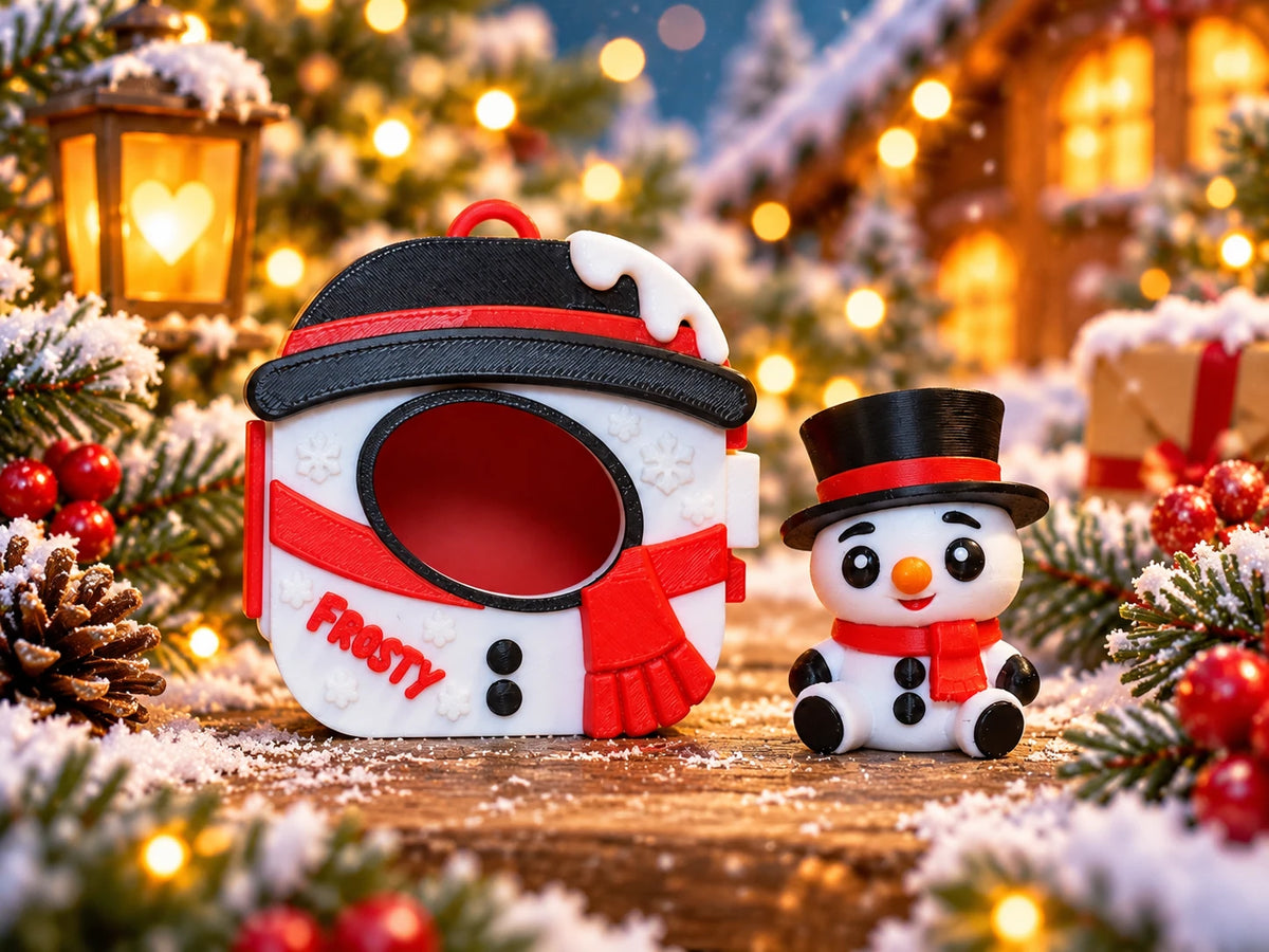 Snowman Pocket Pal beside his case