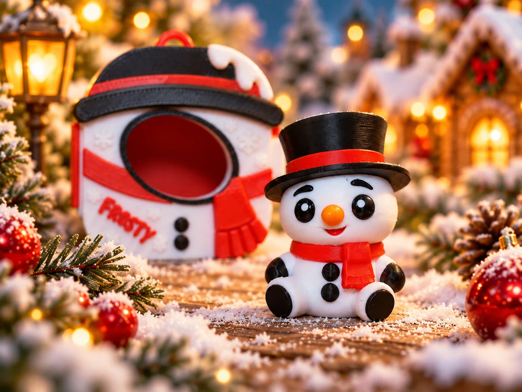Snowman Pocket Pal close-up in front of his case