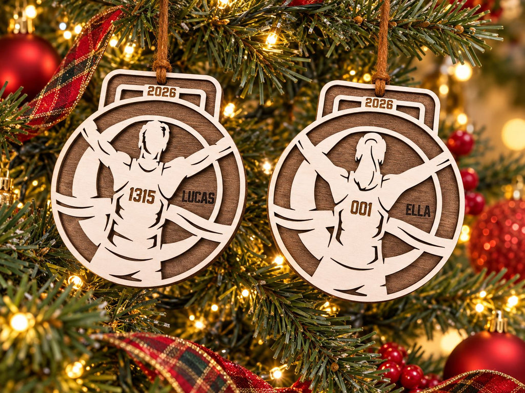 Runner Medal Ornament, year on ribbon tab