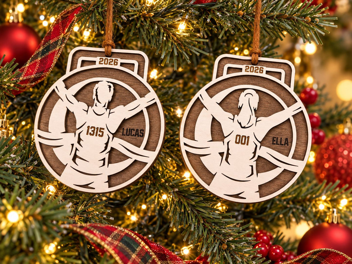 Runner Medal Ornament, year on ribbon tab