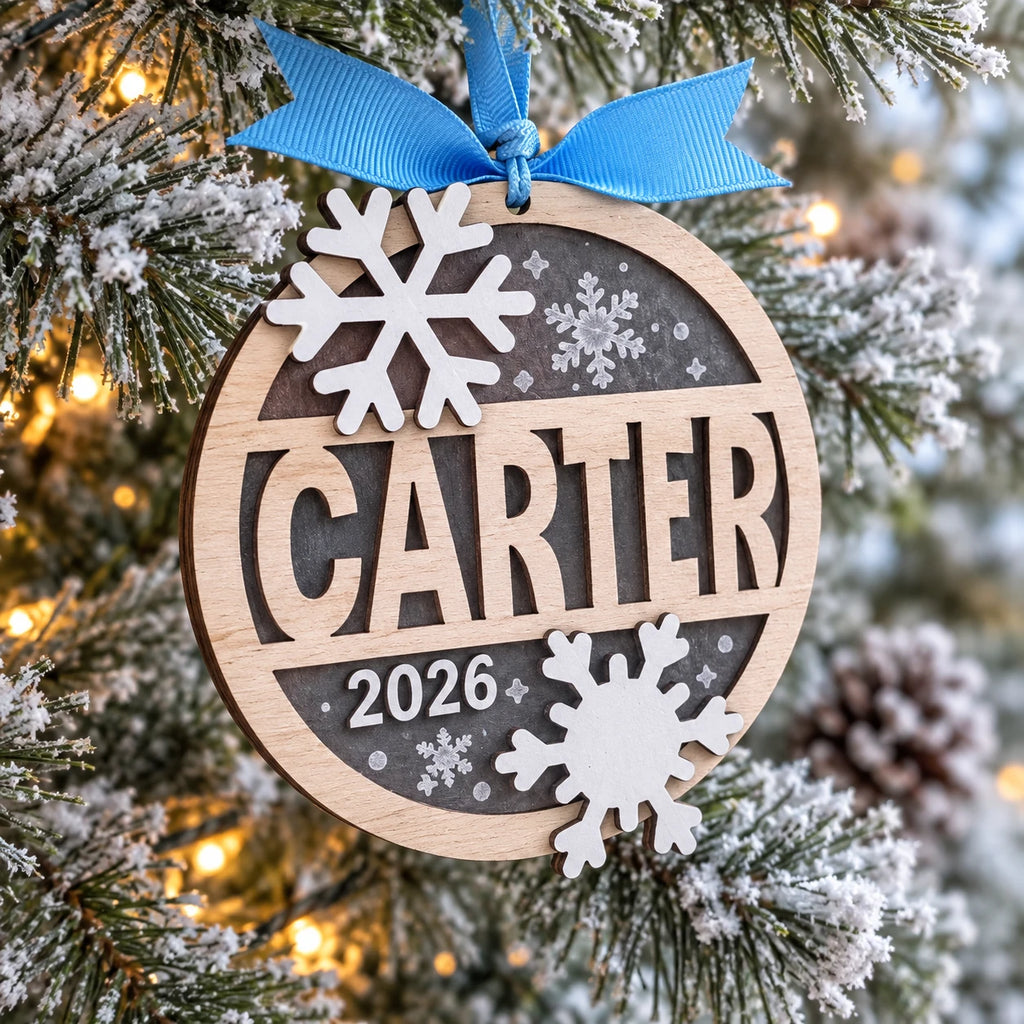 Split Circle Name Ornament with Snowflakes