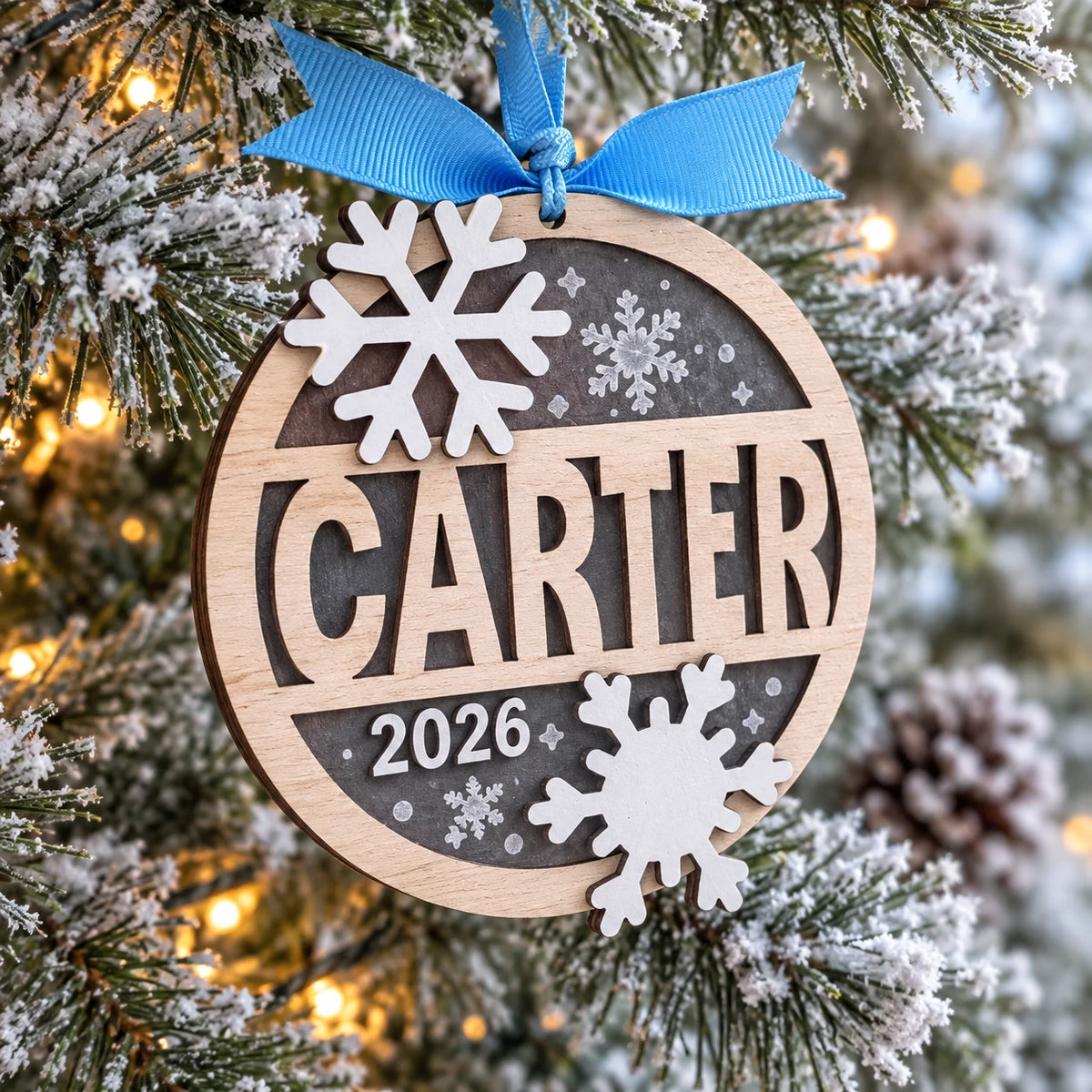 Split Circle Name Ornament with Snowflakes