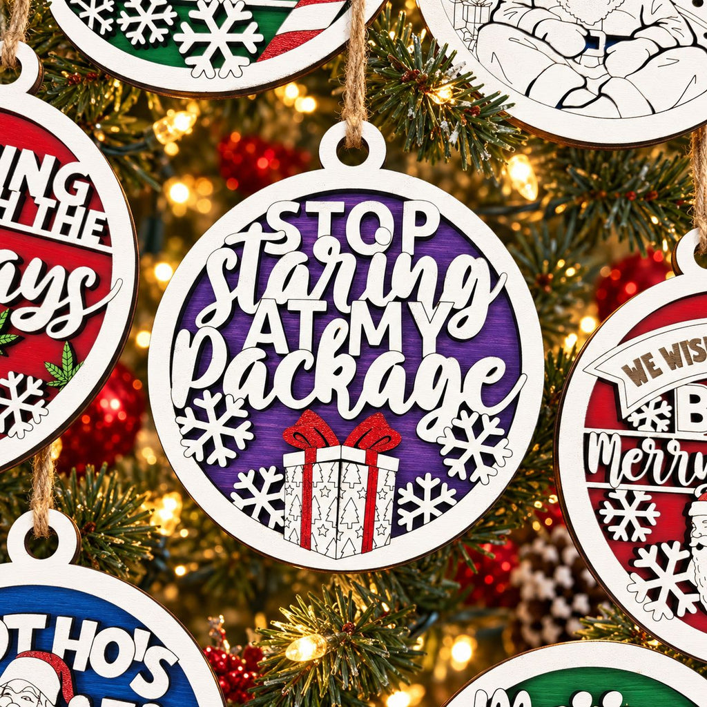 Stop Staring At My Package Ornament with other humor ornaments