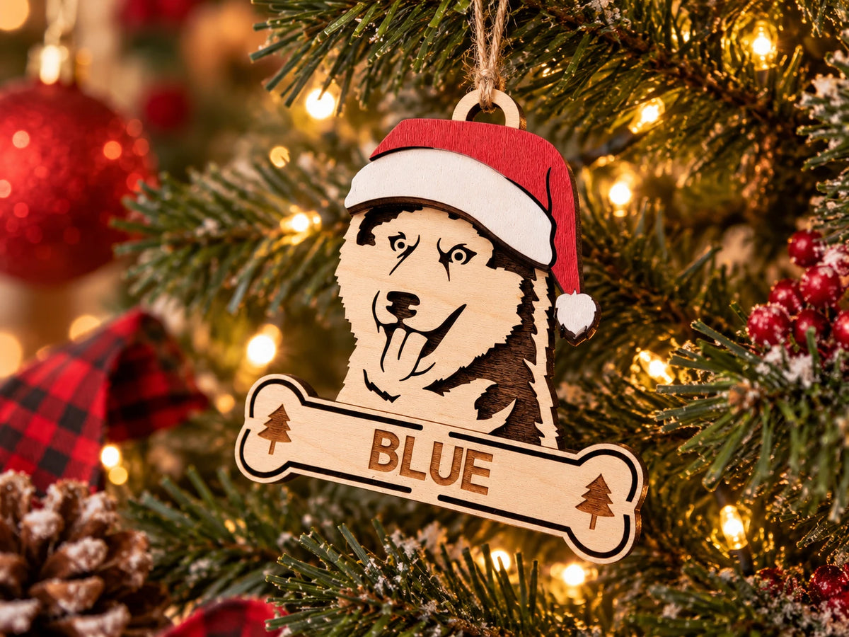 Siberian Husky Santa dog ornament on tree