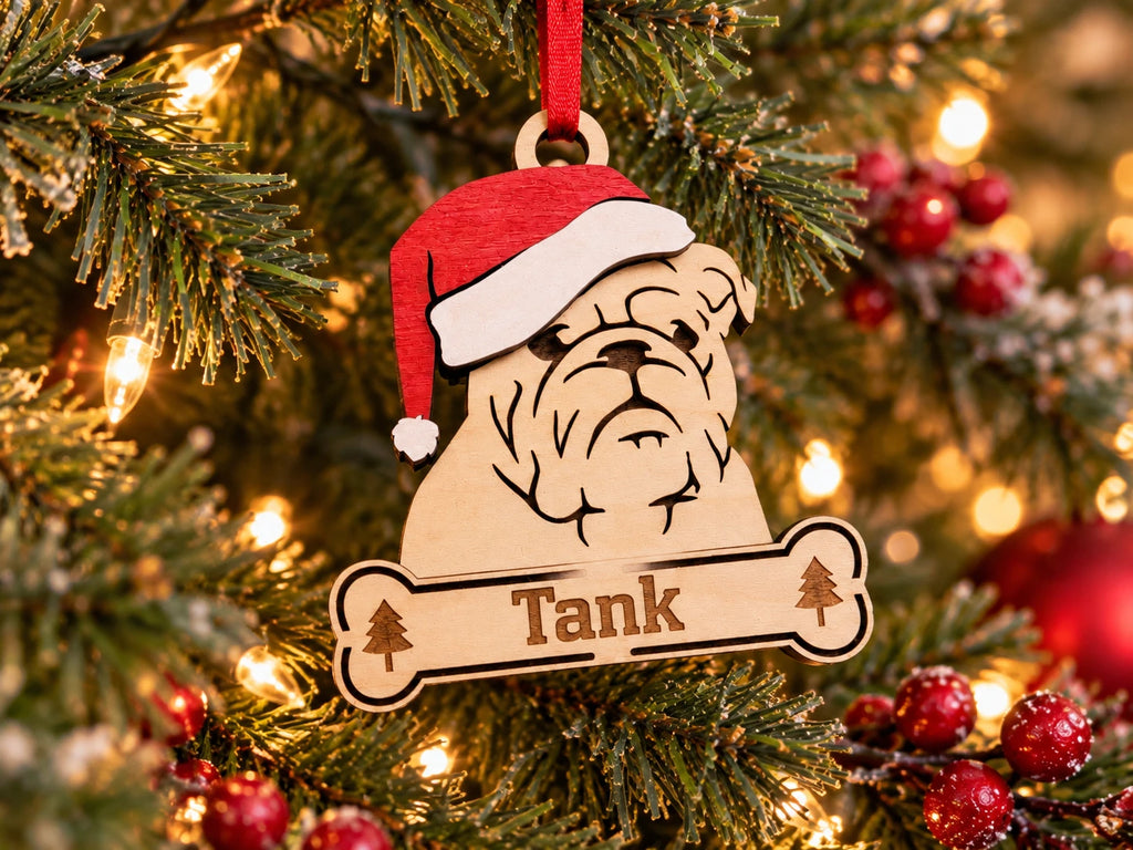 English Bulldog Santa dog ornament on tree