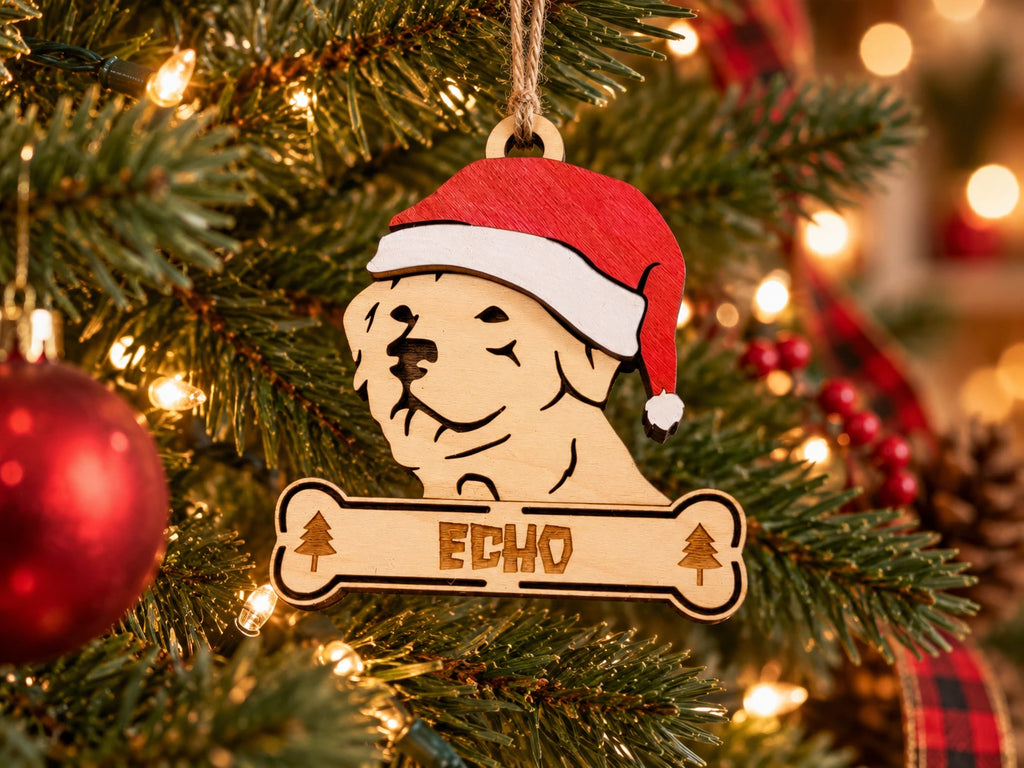 Golden Retriever Santa dog ornament on tree