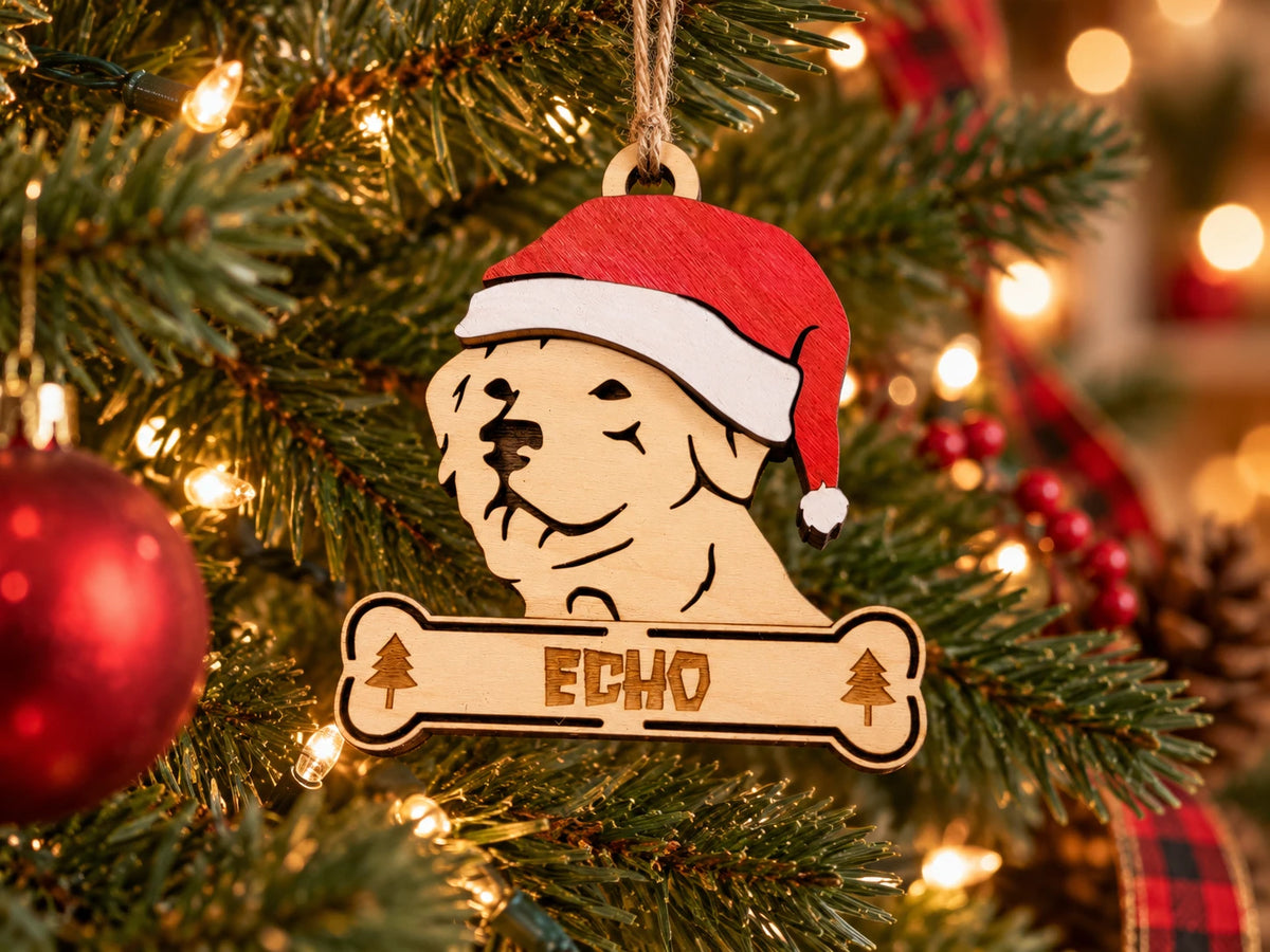 Golden Retriever Santa dog ornament on tree