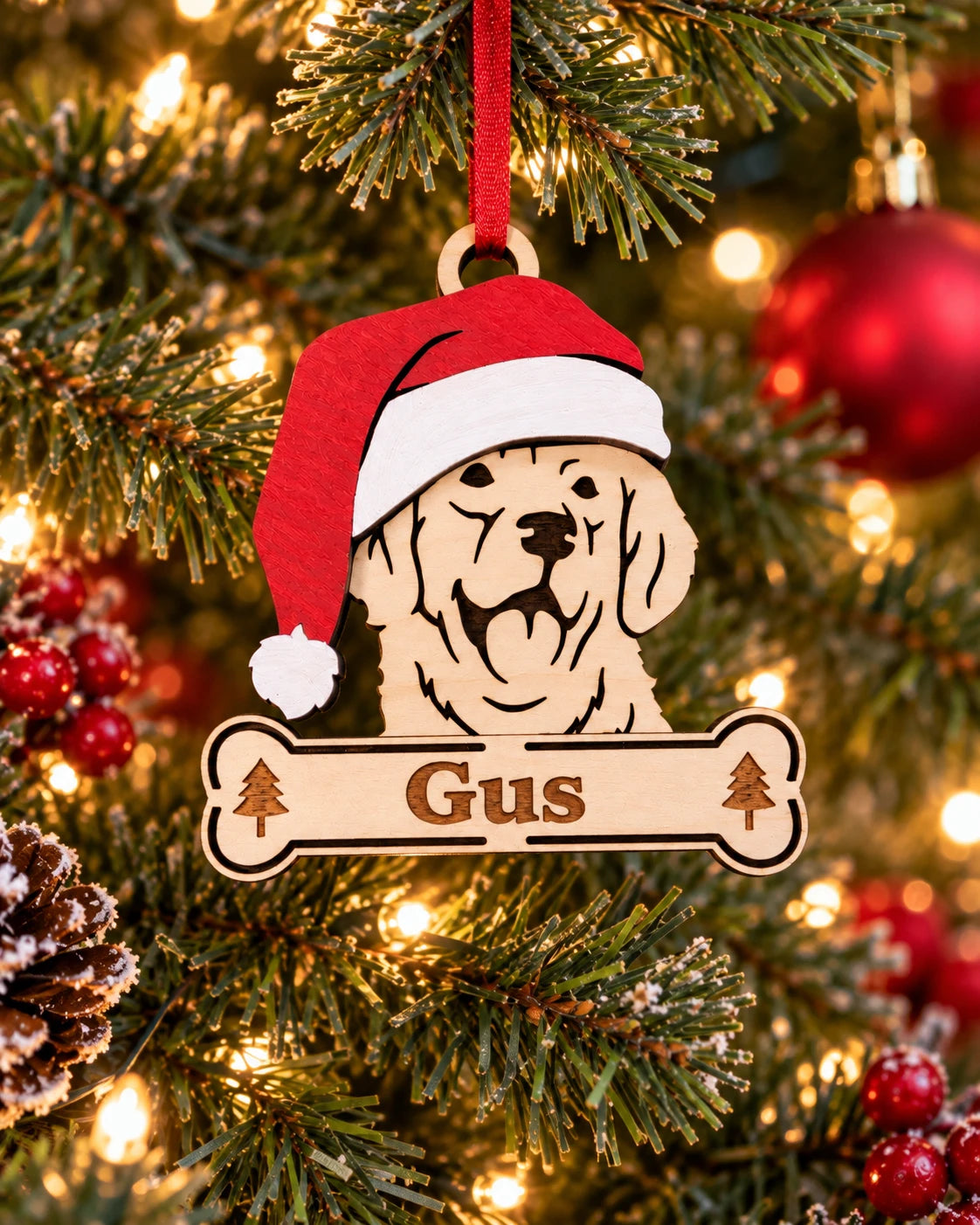 Golden Retriever Santa dog ornament on tree