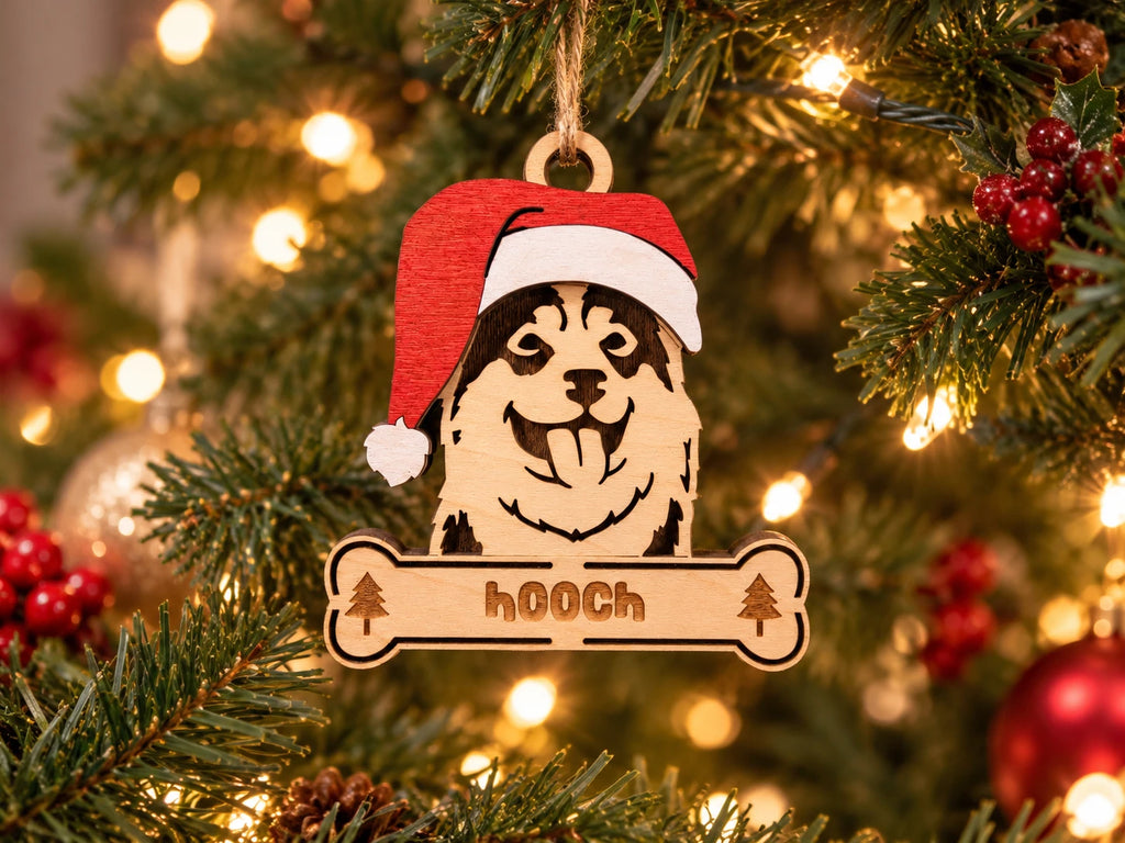 Husky Puppy Santa dog ornament on tree