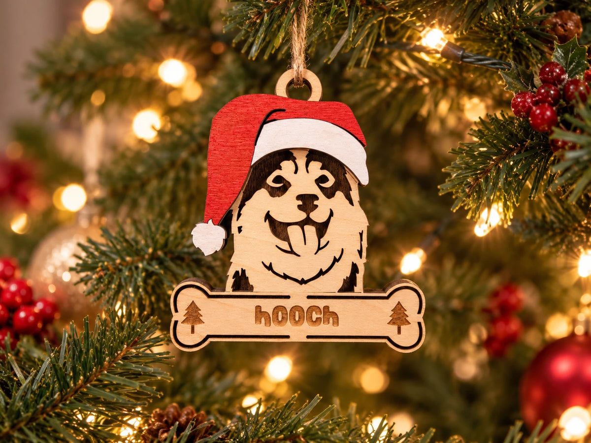 Husky Puppy Santa dog ornament on tree