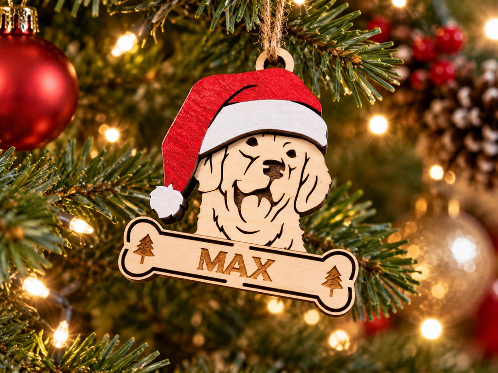 Golden Retriever Santa dog ornament on tree