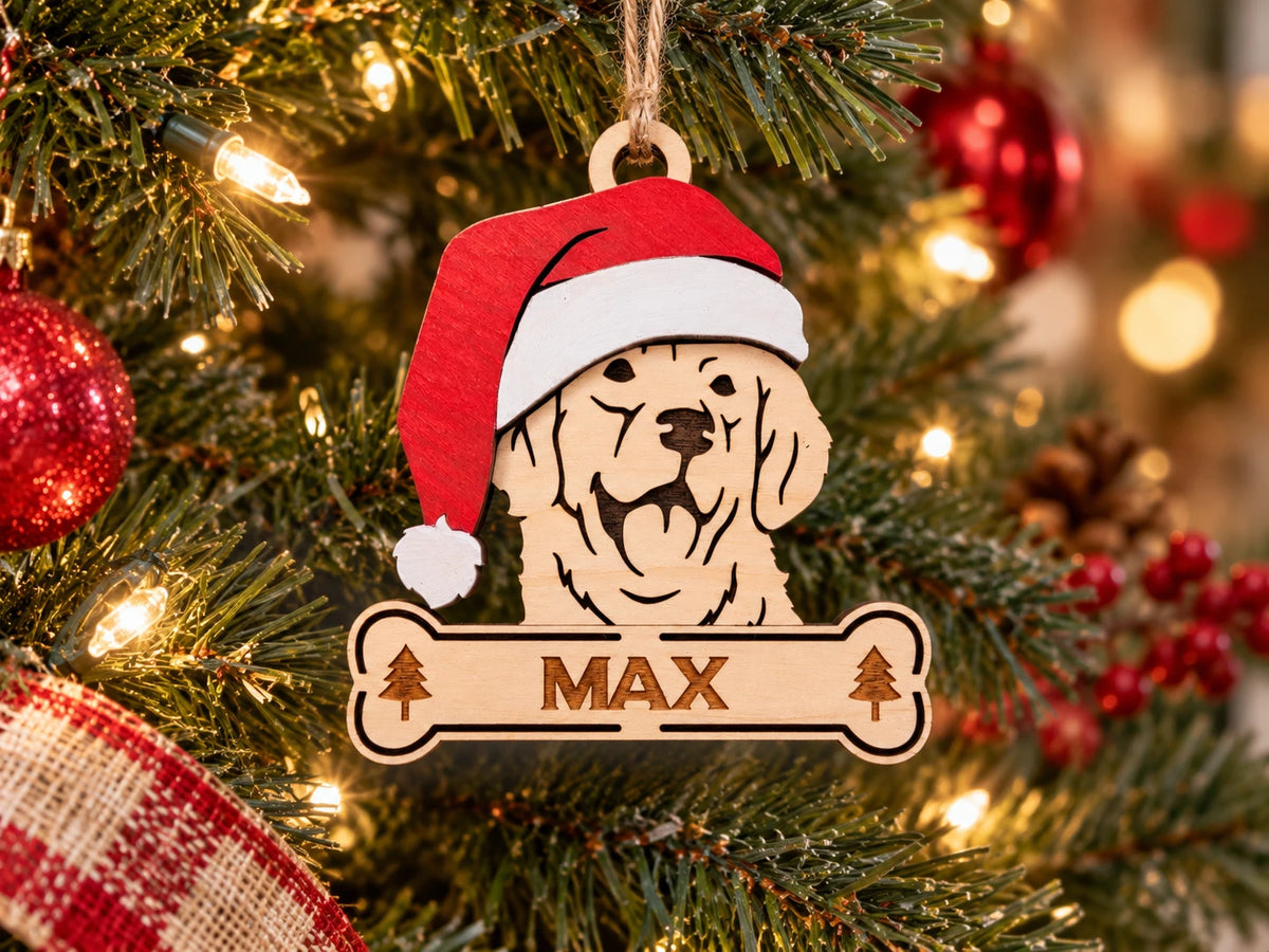 Golden Retriever Santa dog ornament on tree