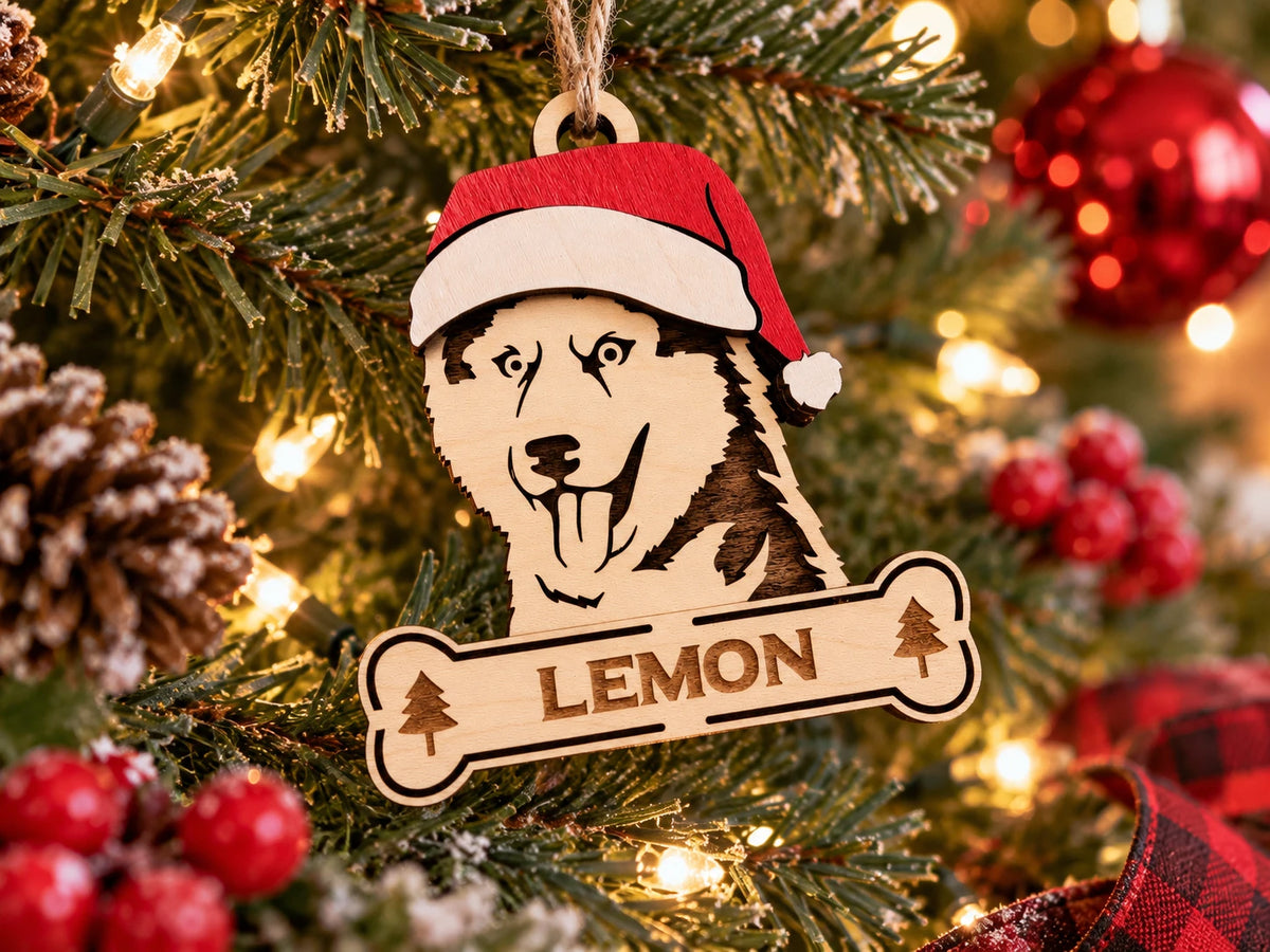 Siberian Husky Santa dog ornament on tree