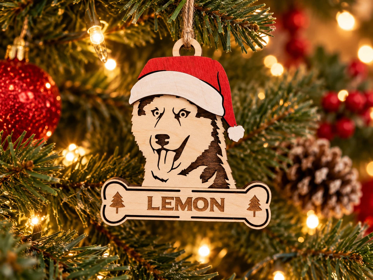 Siberian Husky Santa dog ornament on tree
