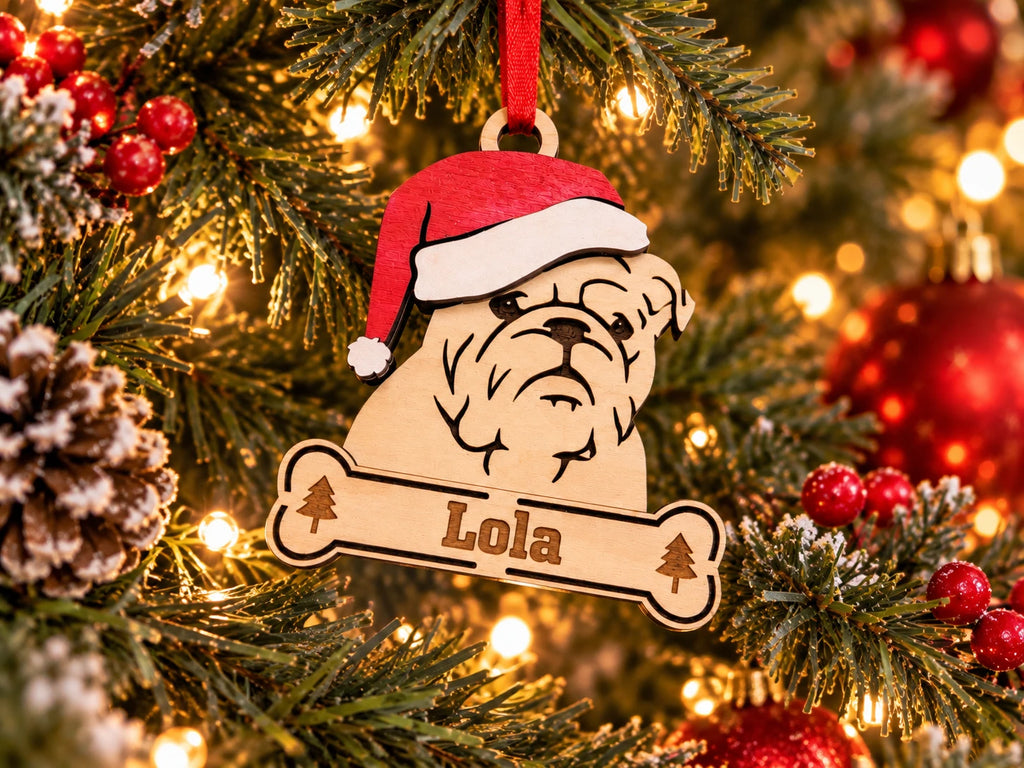 English Bulldog Santa dog ornament on tree