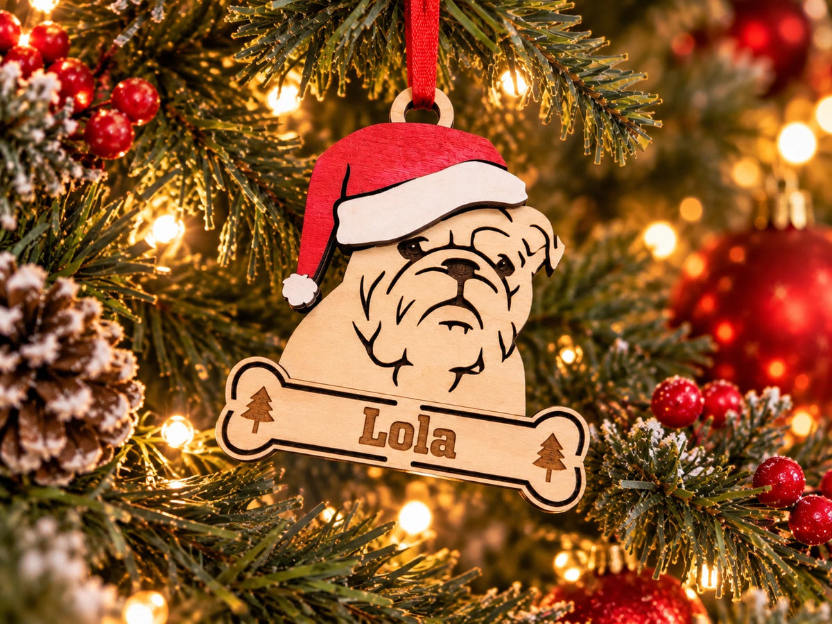 English Bulldog Santa dog ornament on tree