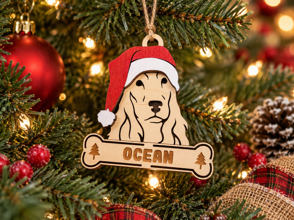 Cocker Spaniel Santa dog ornament on tree
