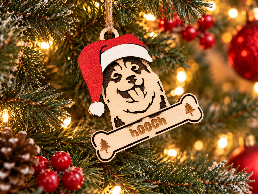 Husky Puppy Santa dog ornament on tree