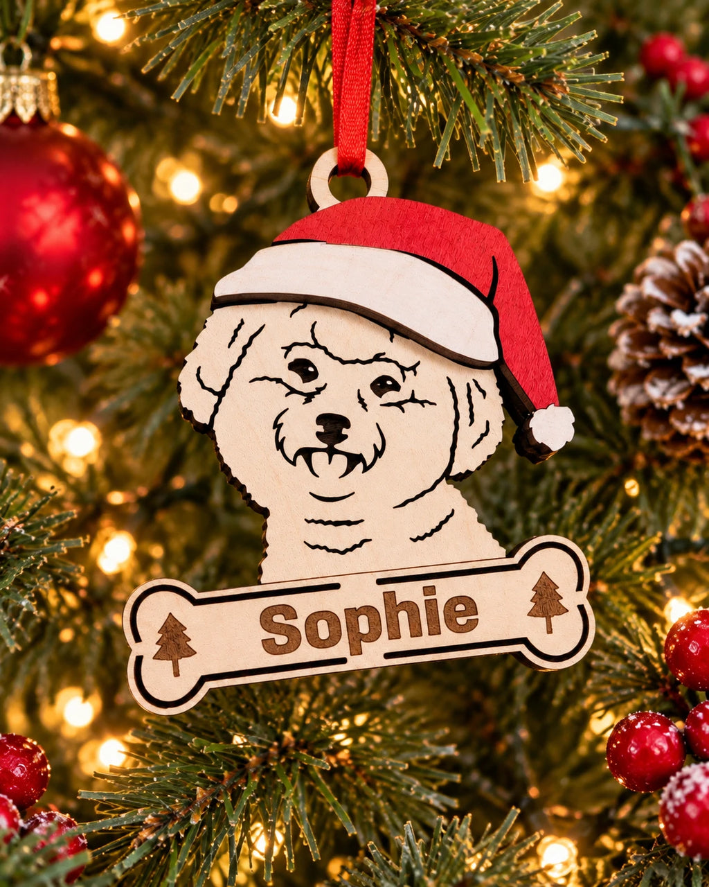 Bichon Frise Santa dog ornament on tree