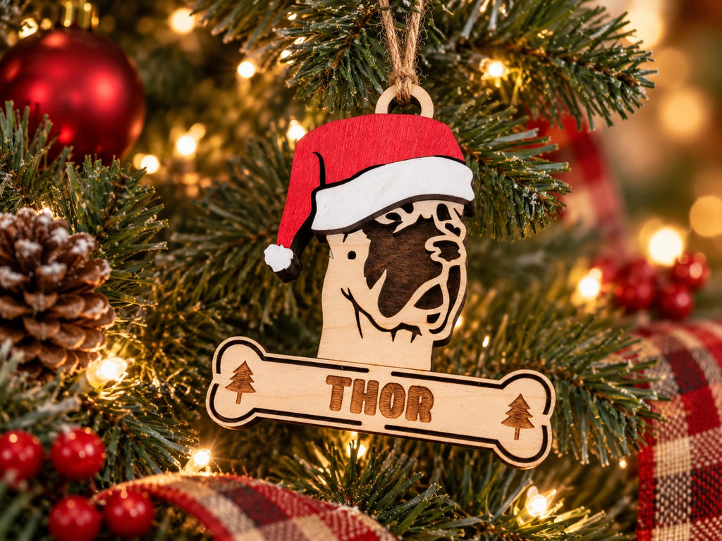 Boxer Santa dog ornament on tree
