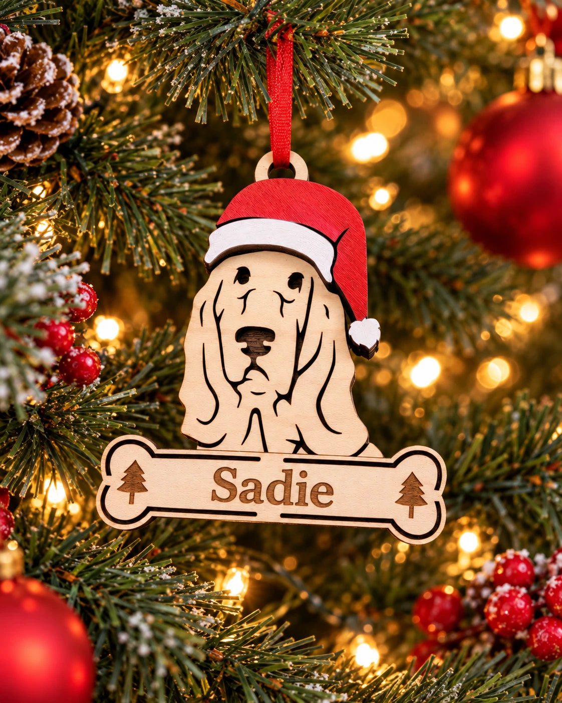 Cocker Spaniel Santa dog ornament on tree