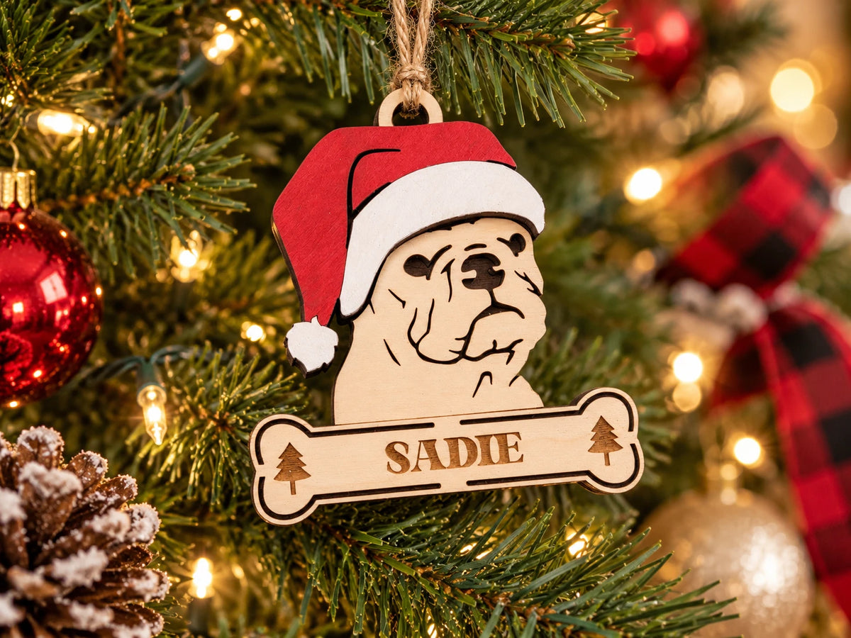 English Bulldog Santa dog ornament on tree