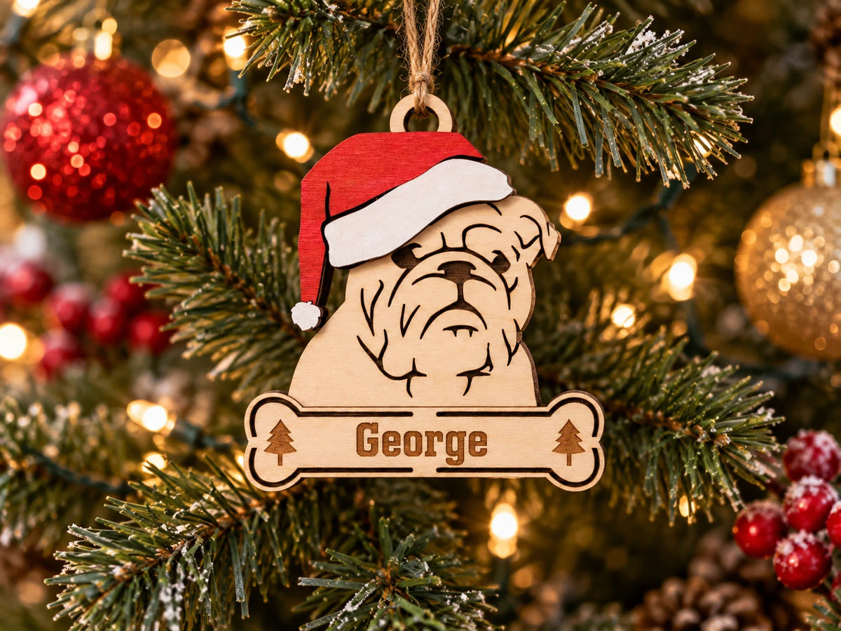 English Bulldog Santa dog ornament on tree