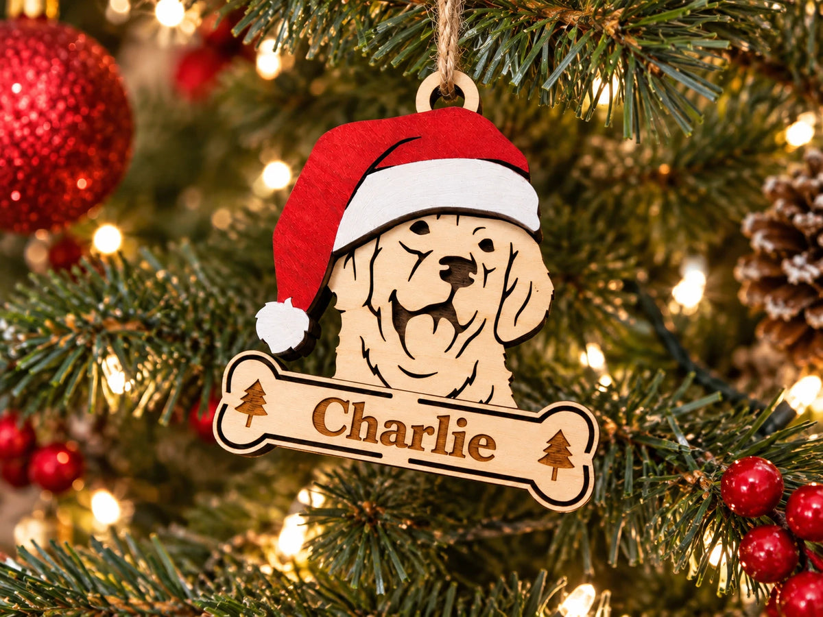 Golden Retriever Santa dog ornament on tree