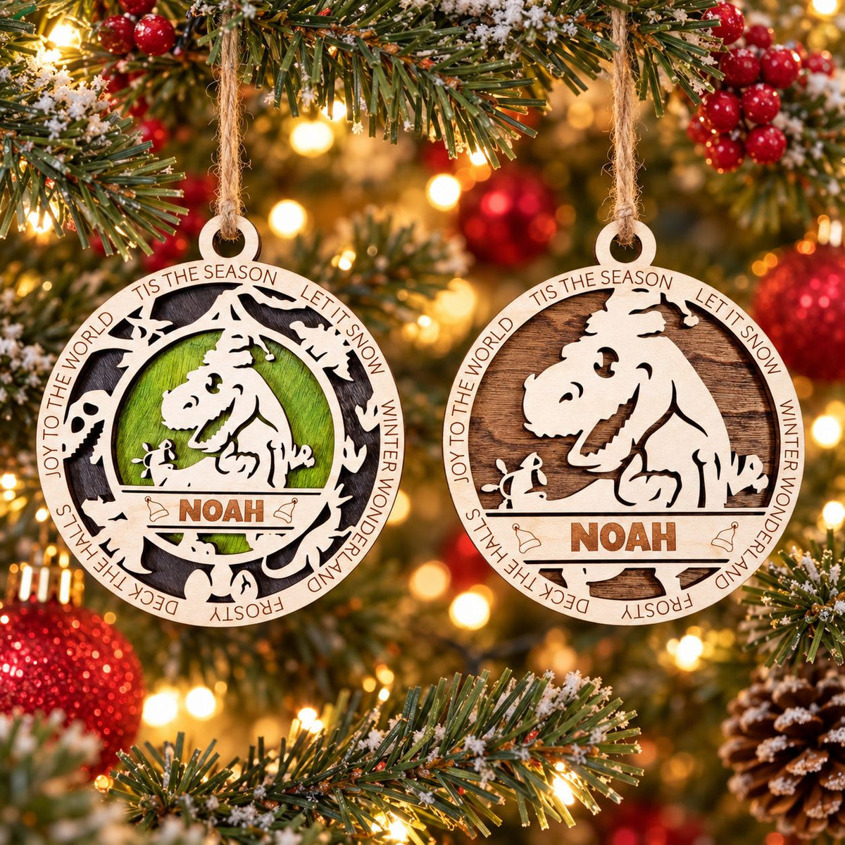 T-Rex Santa Hat Name Ornament, painted and natural wood